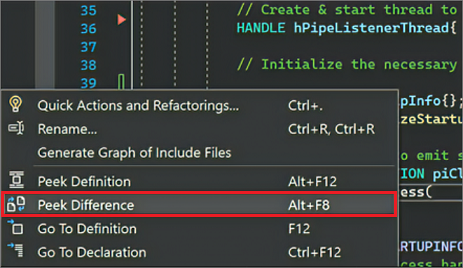 Skärmbild av snabbmenyn för högerklicka i Visual Studio där du kan välja Granska skillnad.