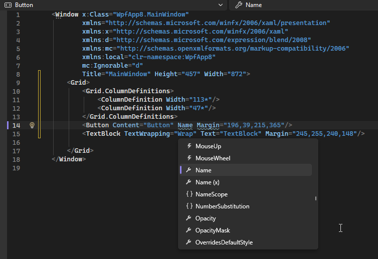 Skärmbild som visar XAML-vyn.