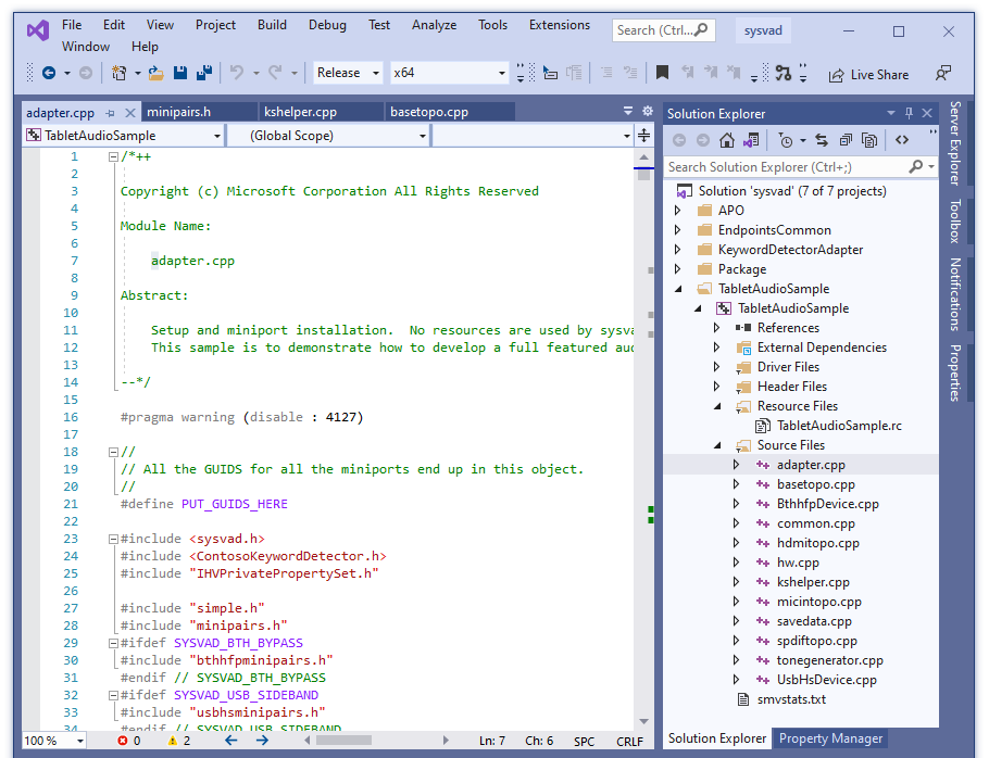 Skärmbild av Visual Studio med adapter.cpp fil som lästs in från Sysvad-projektet.
