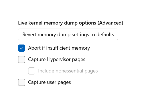 Skärmbild av Task Manager-inställningar som visar avancerade alternativ för realtidskärnans minnesdumpar, inklusive kryssrutorna Avbilda Hypervisor-minnessidor och Avbilda användarsidor.
