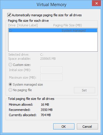 Skärmbild av dialogrutan Virtuellt minne i Windows-inställningar.