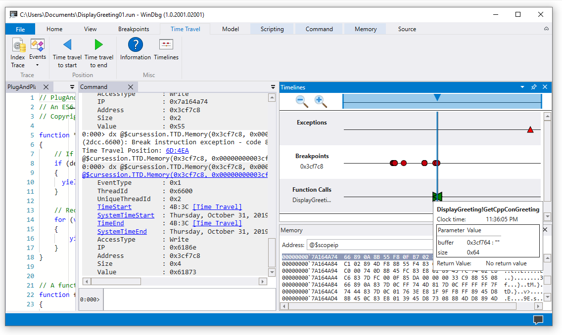 Skärmbild av WinDbg med kommandot Time Travel Debugging och tre tidslinjer.