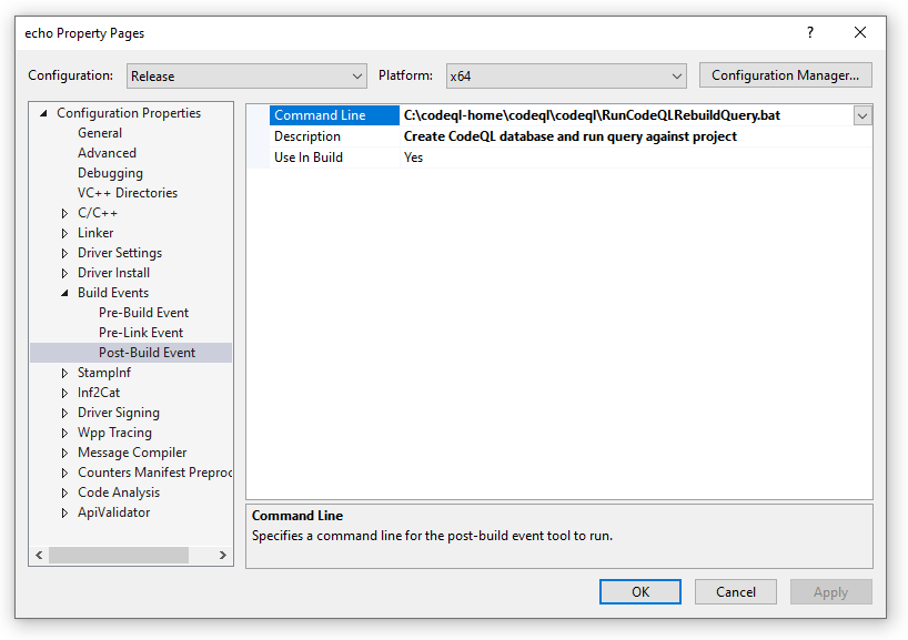 Händelsekonfigurationen i Visual Studio efter bygget visar en batchfil som konfigurerats som ett kommandoradsalternativ.