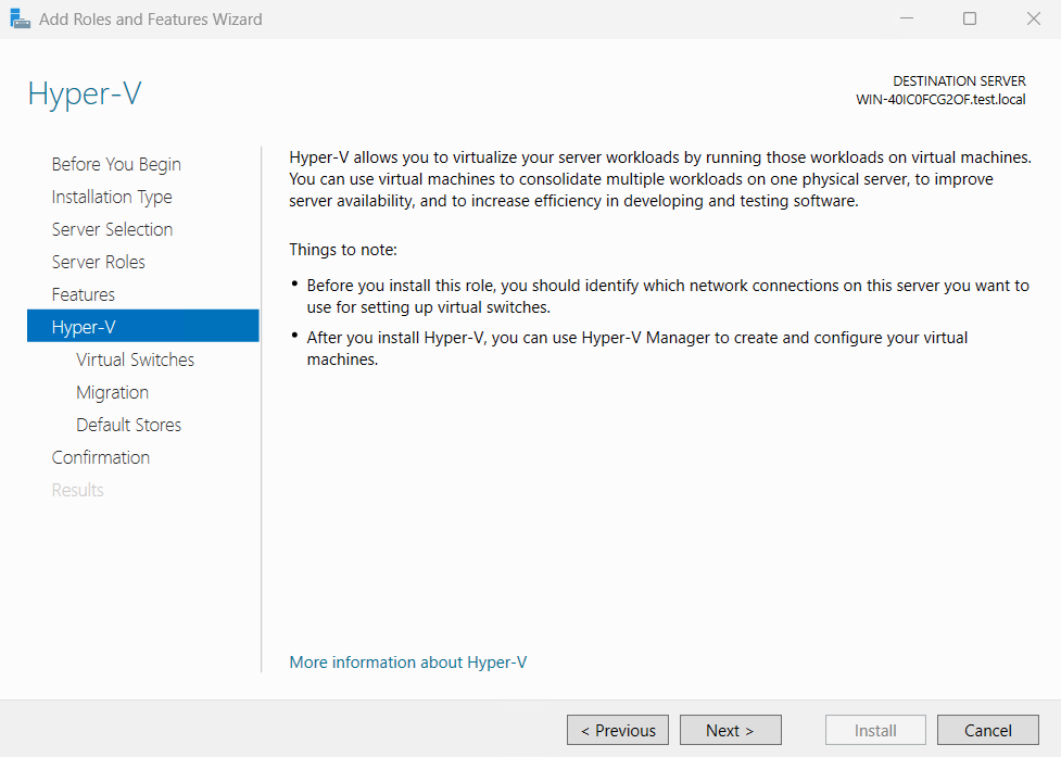 Skärmbild av Hyper-V installationsinställningar.