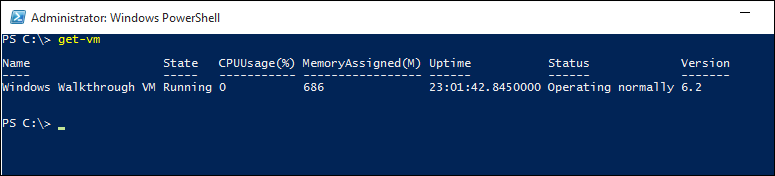 Skärmbild av skärmen Administratör i Windows Power Shell som visar utdata när du har angett Hämta V M.