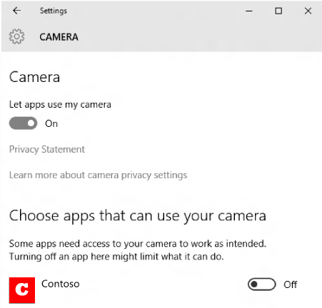 En skärmbild av sekretessinställningarna för Windows-kameran.