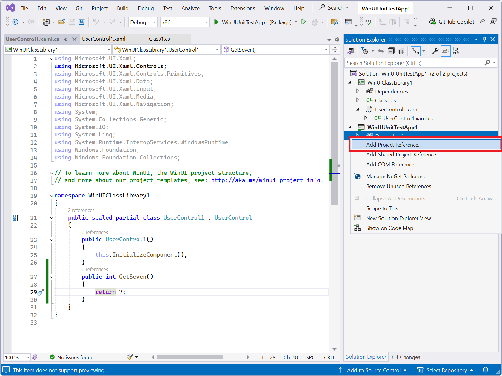 Skärmbild av kontextmenyn Beroenden med Lägg till projektreferens markerat i Visual Studio.