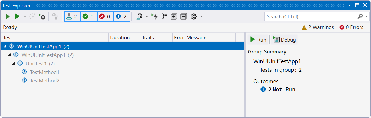 Skärmbild av Testutforskaren i Visual Studio som visar standardtesterna.