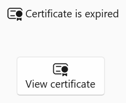 En certifikatikon med textcertifikatet har upphört att gälla och en knapp med certifikatikonen och textvisningscertifikatet