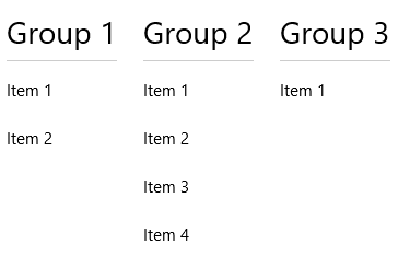 Skärmbild av en horisontell grupperad listvy.