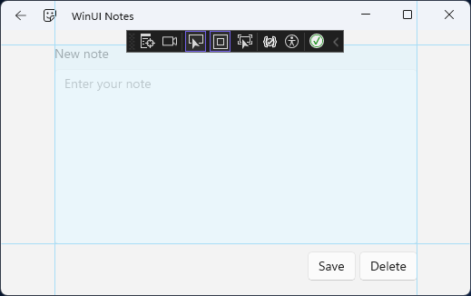 Användargränssnittet för anteckningssidan med rutnätet markerat av Visual Studio.