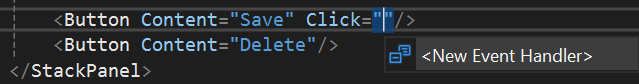 En skärmbild av Visual Studios nya autokompletteringsgränssnitt för händelsehanterare i XAML-redigeraren