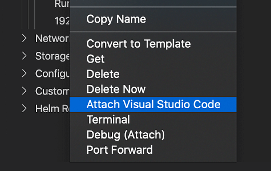Skärmbild av VSCode-bifogande av Docker