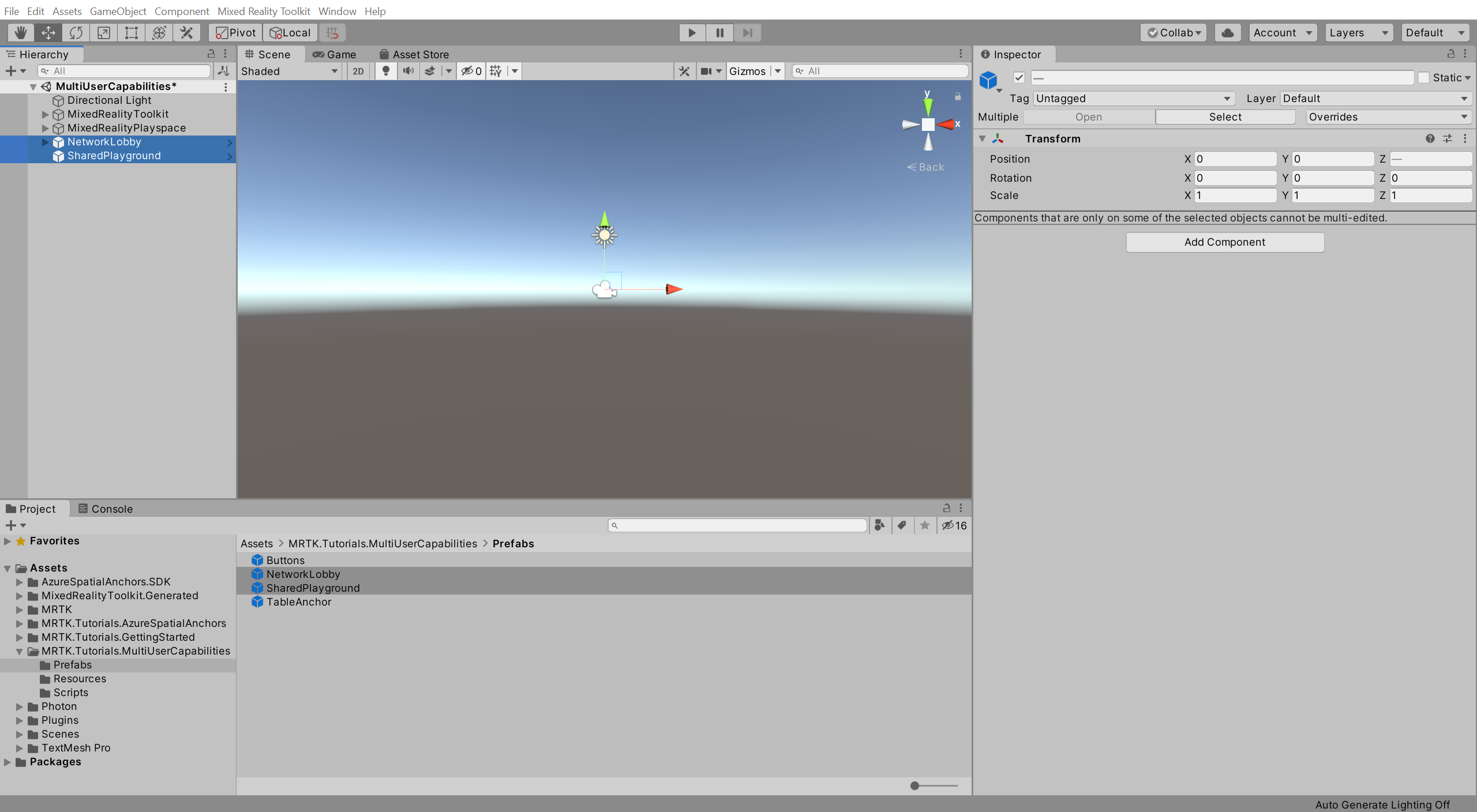 Unity med nyligen tillagda NetworkLobby- och SharedPlayground-prefabs valda