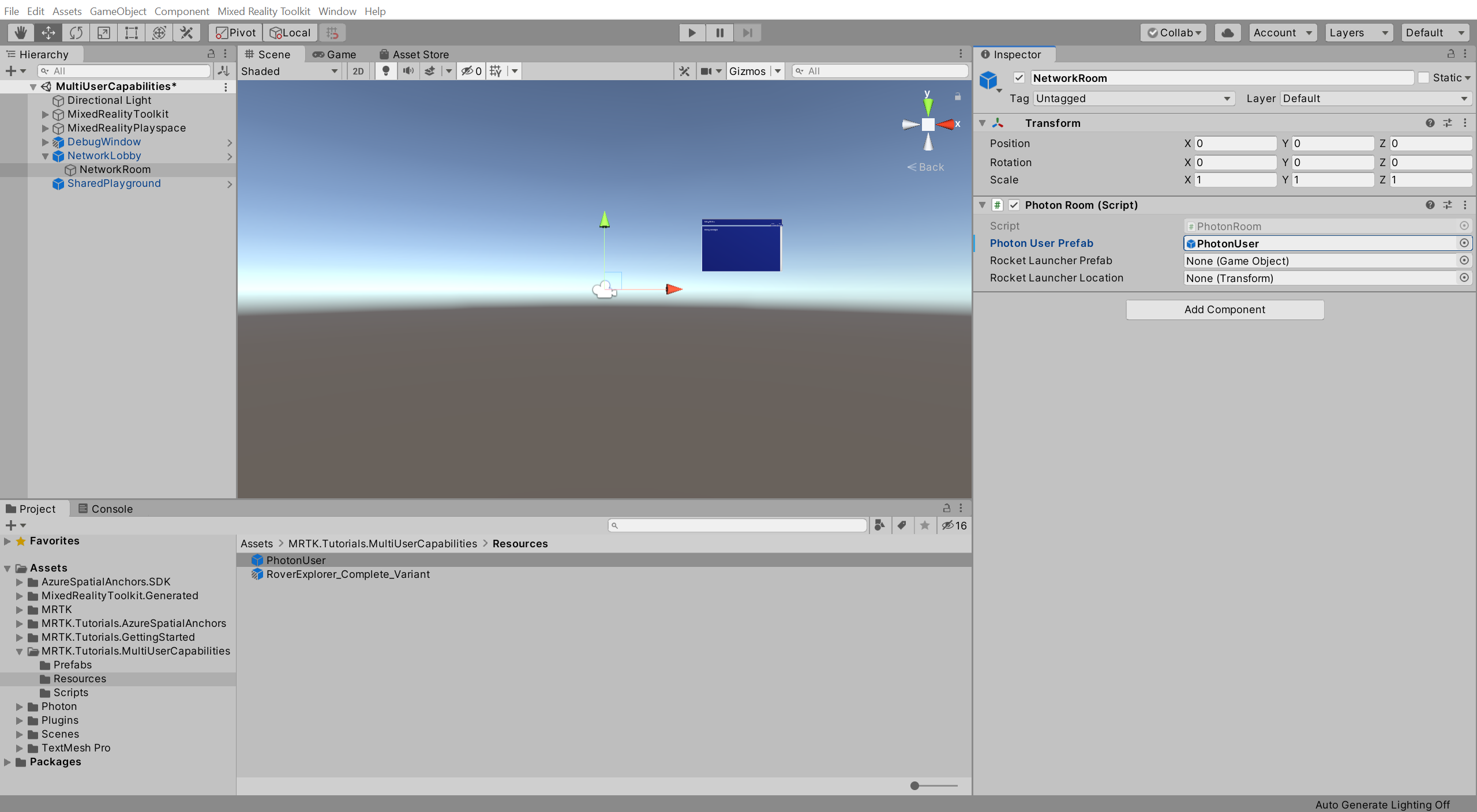 Unity med photon room-komponenten delvis konfigurerad