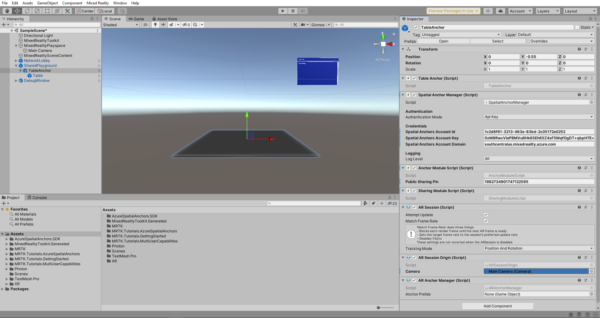 Unity med huvudkameratilldelningen för AR-sessionens ursprung konfigurerad