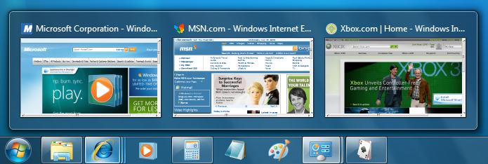 tre miniatyrbilder i aktivitetsfältet som representerar enskilda flikar i Windows Internet Explorer